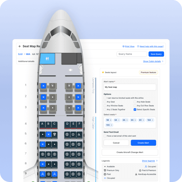Upgrade and award inventory screenshot showing available seats