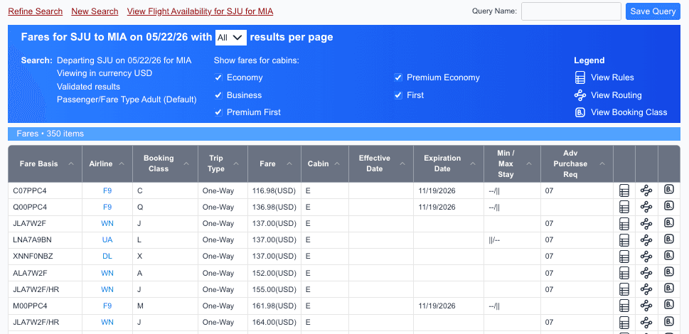 Fare-class inventory view for a specific departure