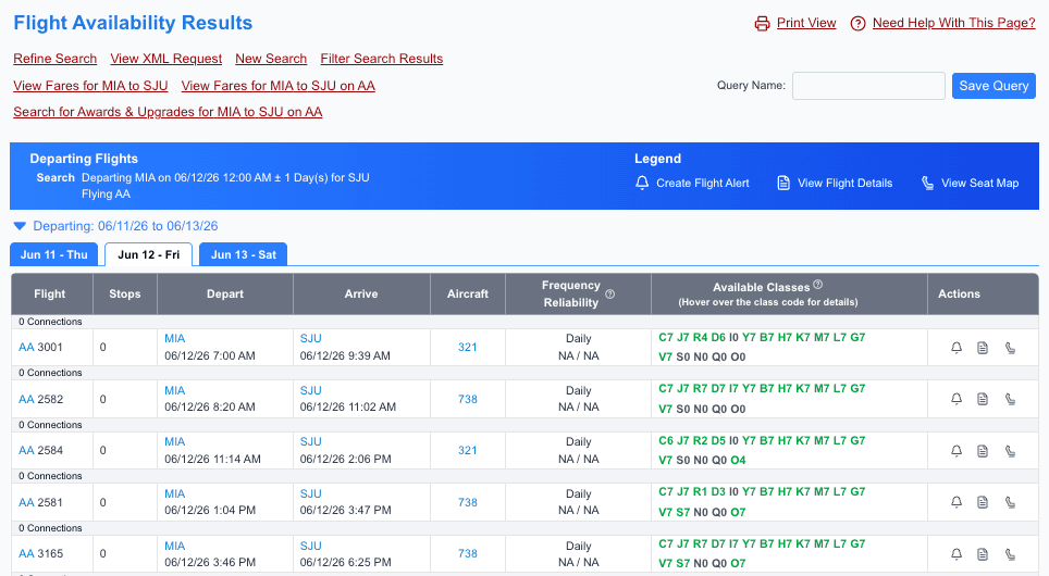 Date range award search across multiple travel days